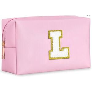 TOPEAST Preppy Pink Glitter Chenille Patch Travel Makeup Bag- Initial L (Pink)